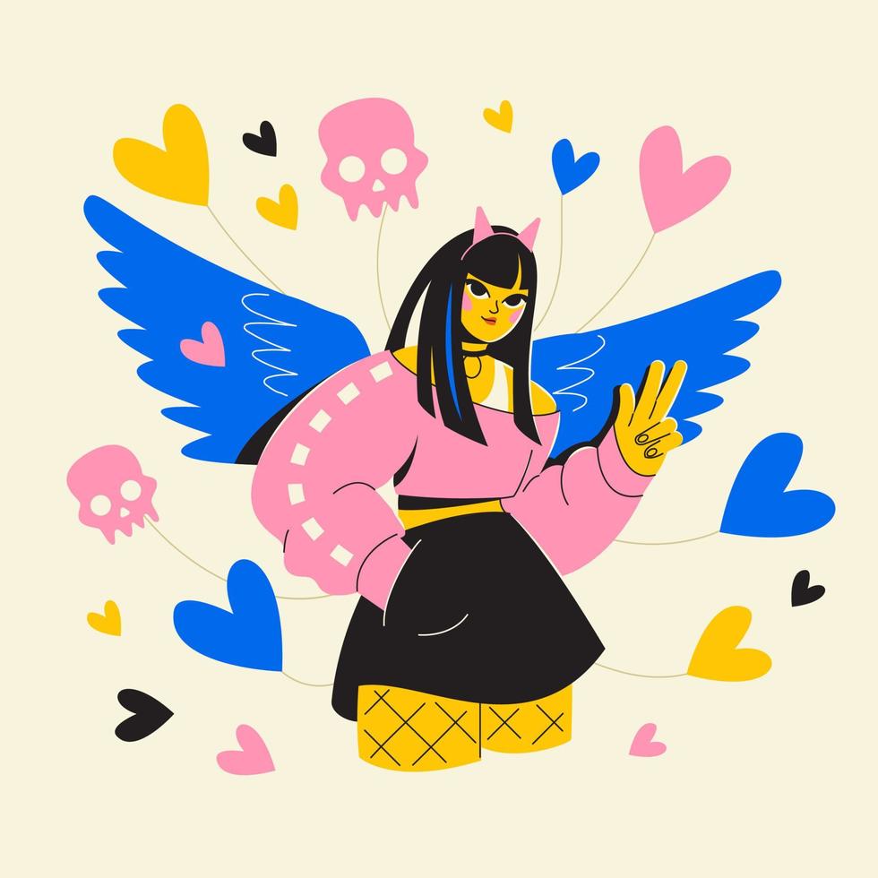 schattig meisje met Vleugels. een jong Japans emo meisje met harten en schedels. een tiener in een kort rok. vector