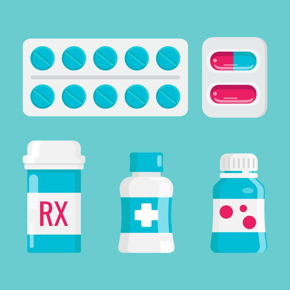 geneeskunde set, apotheek concept. drugs, pillen, capsules en voorschrift flessen. vlak vector illustratie.