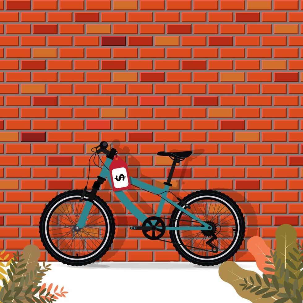 fiets met prijs label en steen muur achtergrond grafisch ontwerp vector illustratie