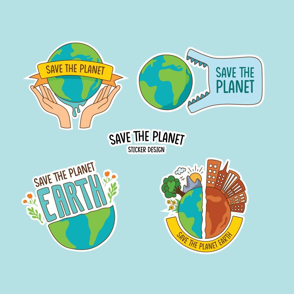 aarde dag sticker stelt. opslaan de planeet hand getekend gekleurde vector illustratie.