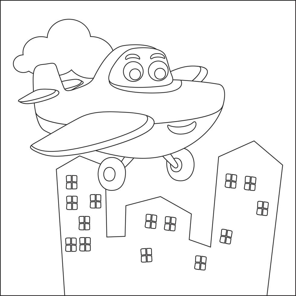 grappig schattig vliegtuig is vliegend in de lucht. tekenfilm geïsoleerd vector illustratie, creatief vector kinderachtig ontwerp voor kinderen werkzaamheid kleuren boek of bladzijde.