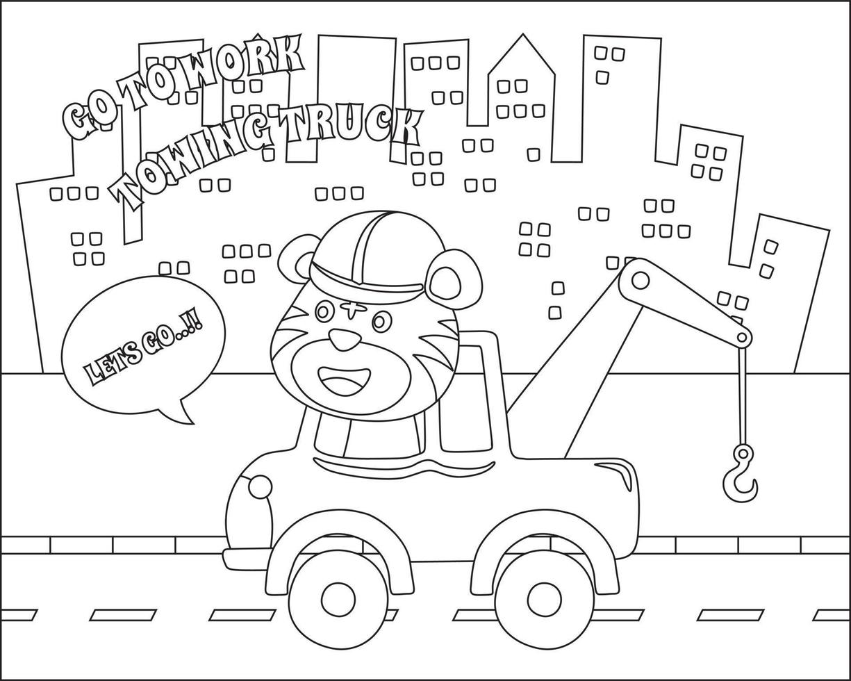kleur boek of bladzijde van slepen vrachtauto tekenfilm met grappig bestuurder, tekenfilm geïsoleerd vector illustratie, creatief vector kinderachtig ontwerp voor kinderen werkzaamheid kleuren boek of bladzijde.