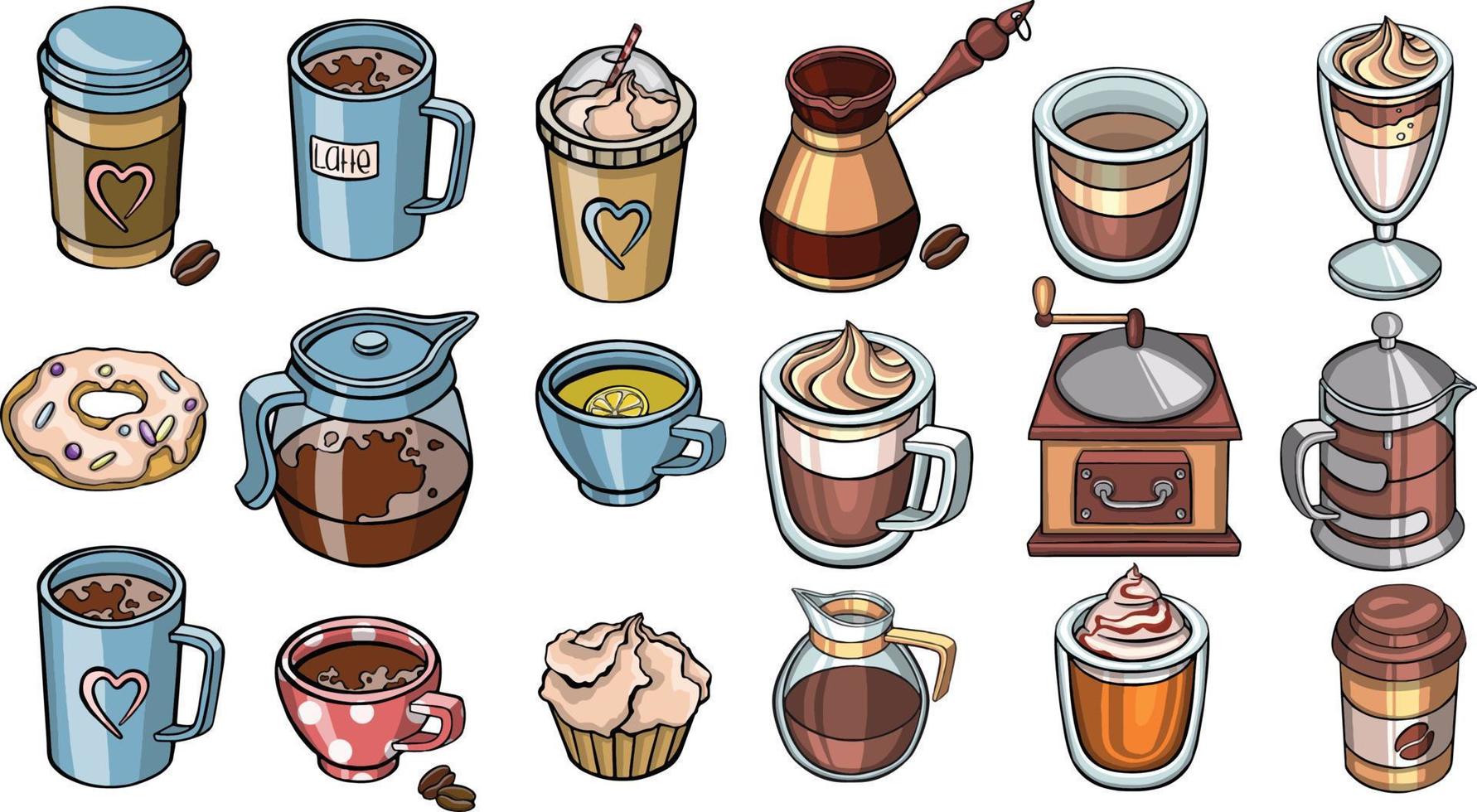 verzameling van heet drinken in een schattig mok. chocola, koffie, cacao met heemst. herfst en winter vakantie set. vector