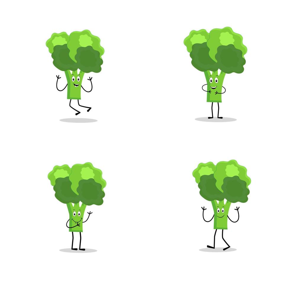 broccoli mascotte tekenfilm in vector. schattig gelukkig glimlachen broccoli groente reeks verzameling. vector vlak tekenfilm karakter illustratie icoon ontwerp. inhoud, Vrolijk, groen glimlach, vrolijk gezicht emotie.