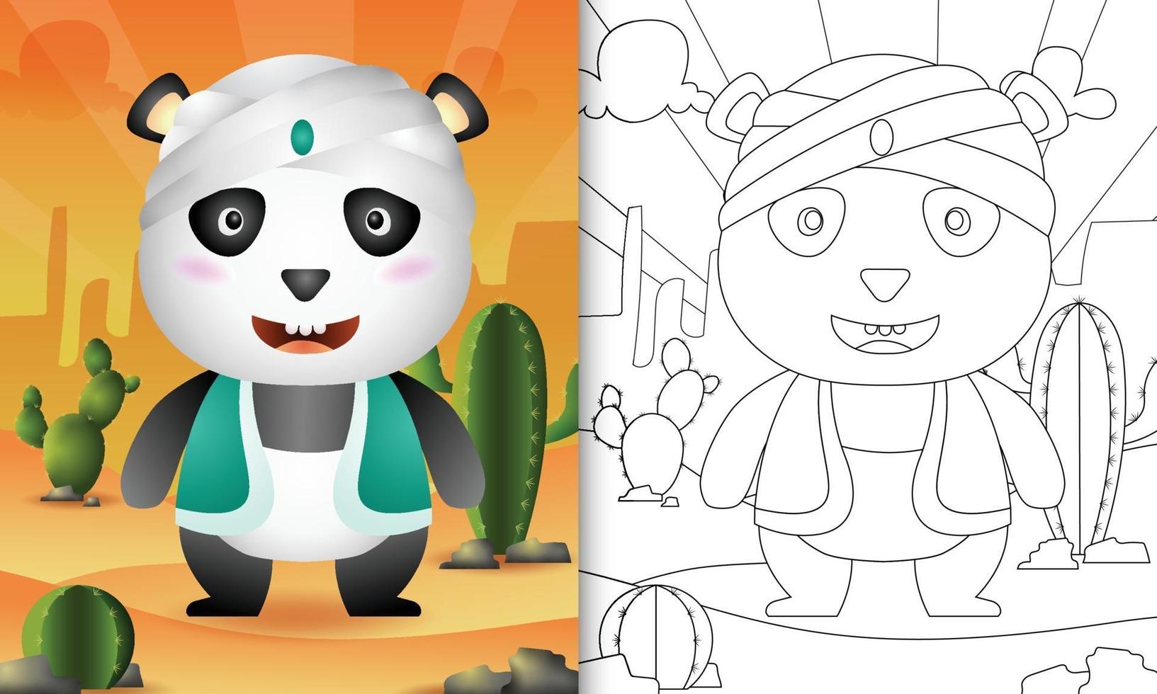 kleurboek voor ramadan met een kinderthema met een schattige panda in traditionele Arabische klederdracht vector