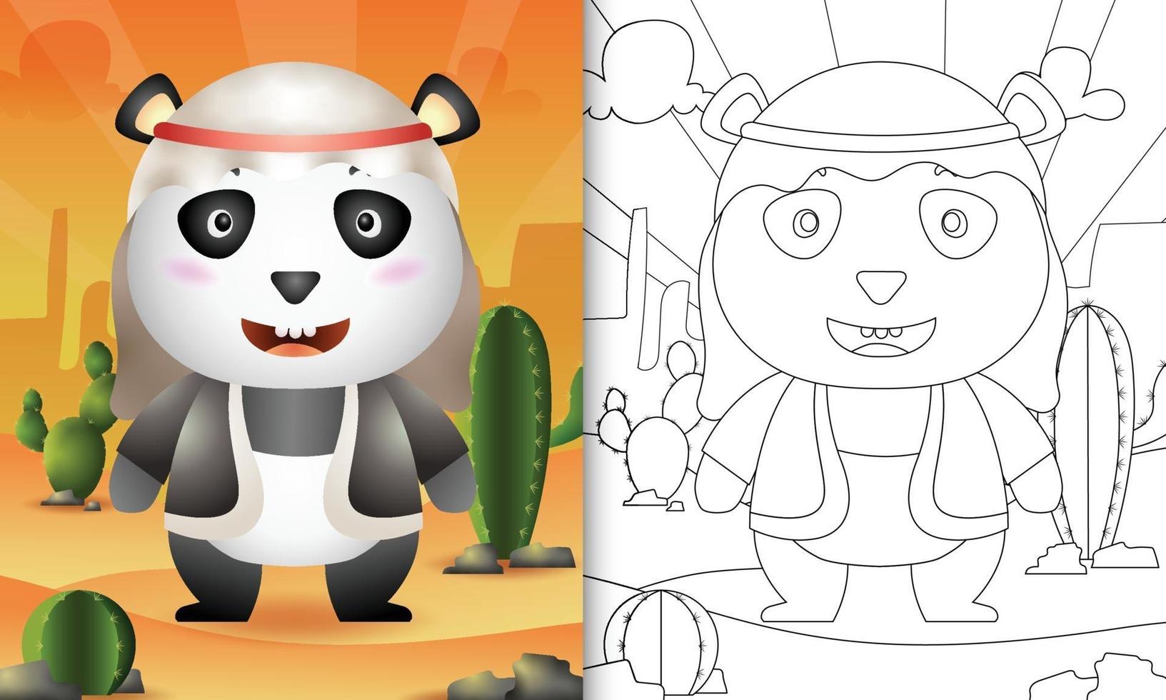 kleurboek voor ramadan met een kinderthema met een schattige panda in traditionele Arabische klederdracht vector