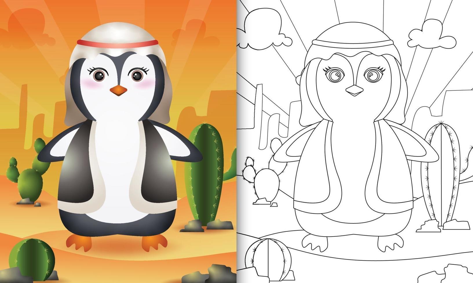 kleurboek voor ramadan met een kinderthema met een schattige pinguïn in traditionele Arabische klederdracht vector