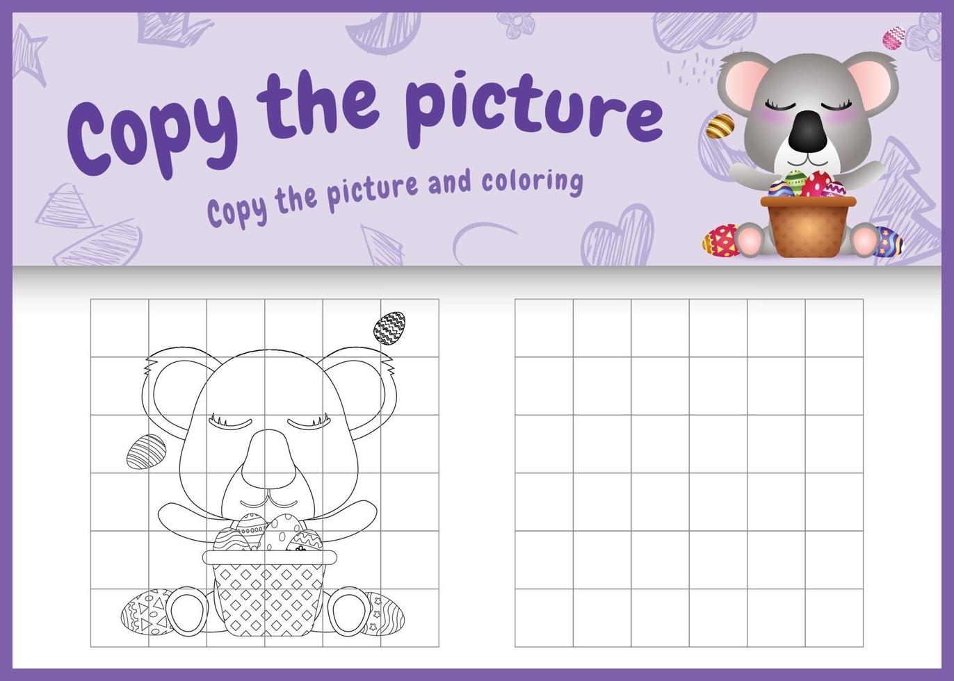 kopieer de afbeelding kindergame en kleurplaat met Pasen als thema met een schattige koala en een emmer-ei vector