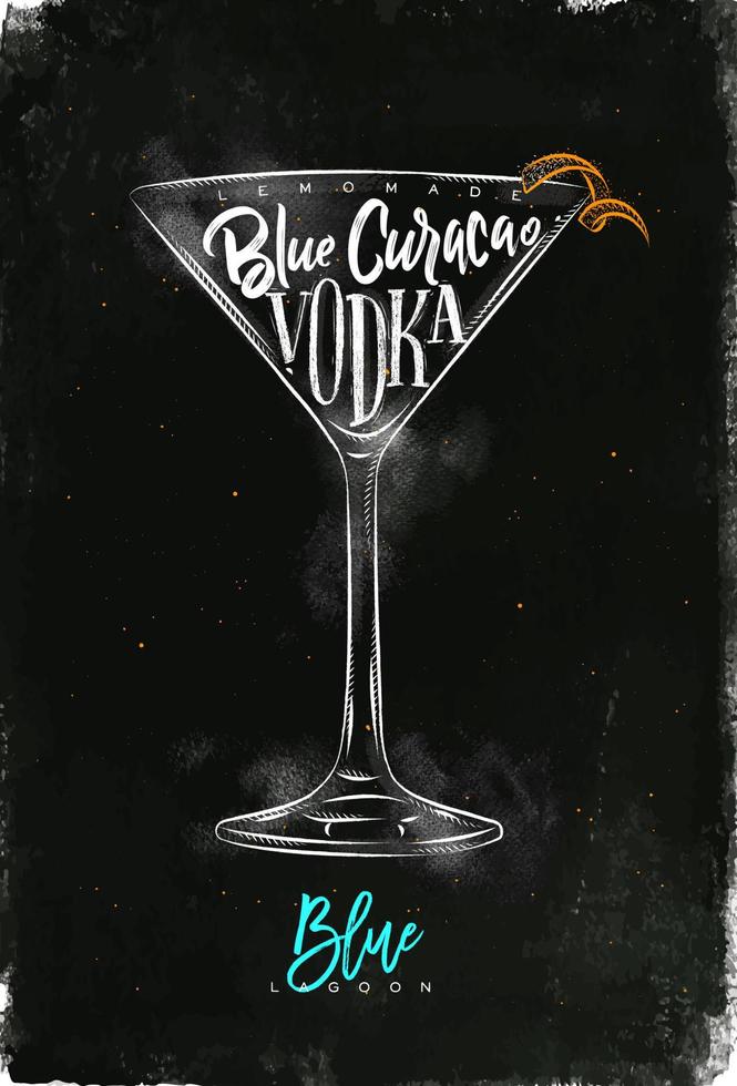 Blue Lagoon cocktail belettering limonade, blue curacao, wodka in vintage grafische stijltekening met krijt en kleur op schoolbord achtergrond vector