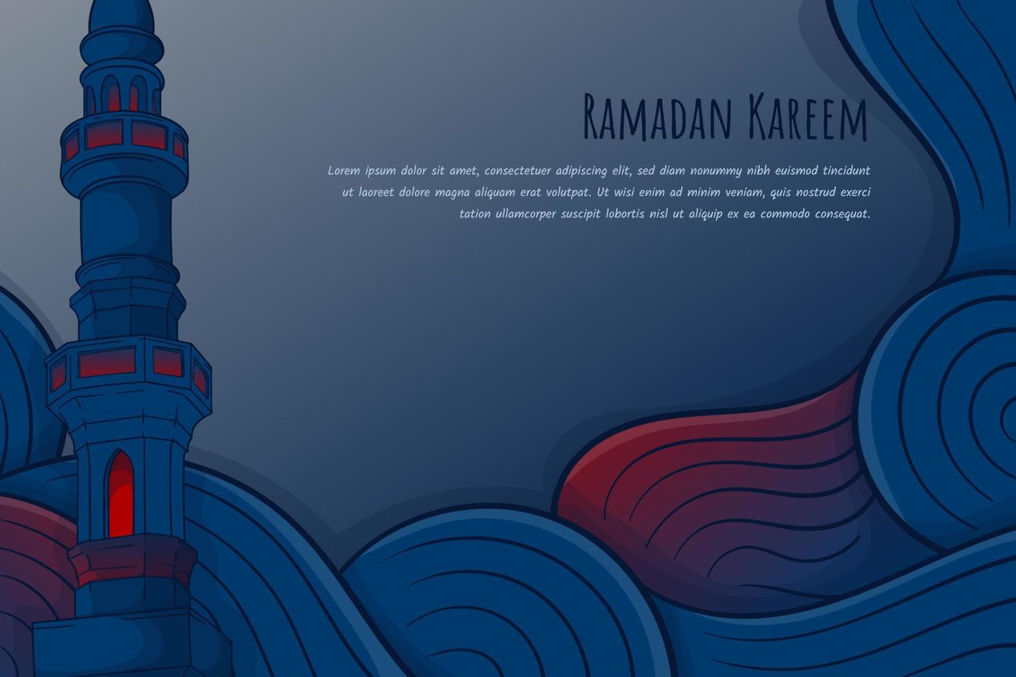 blauw rood achtergrond met moskee minaret in tekenfilm ontwerp voor Ramadan kareem sjabloon vector