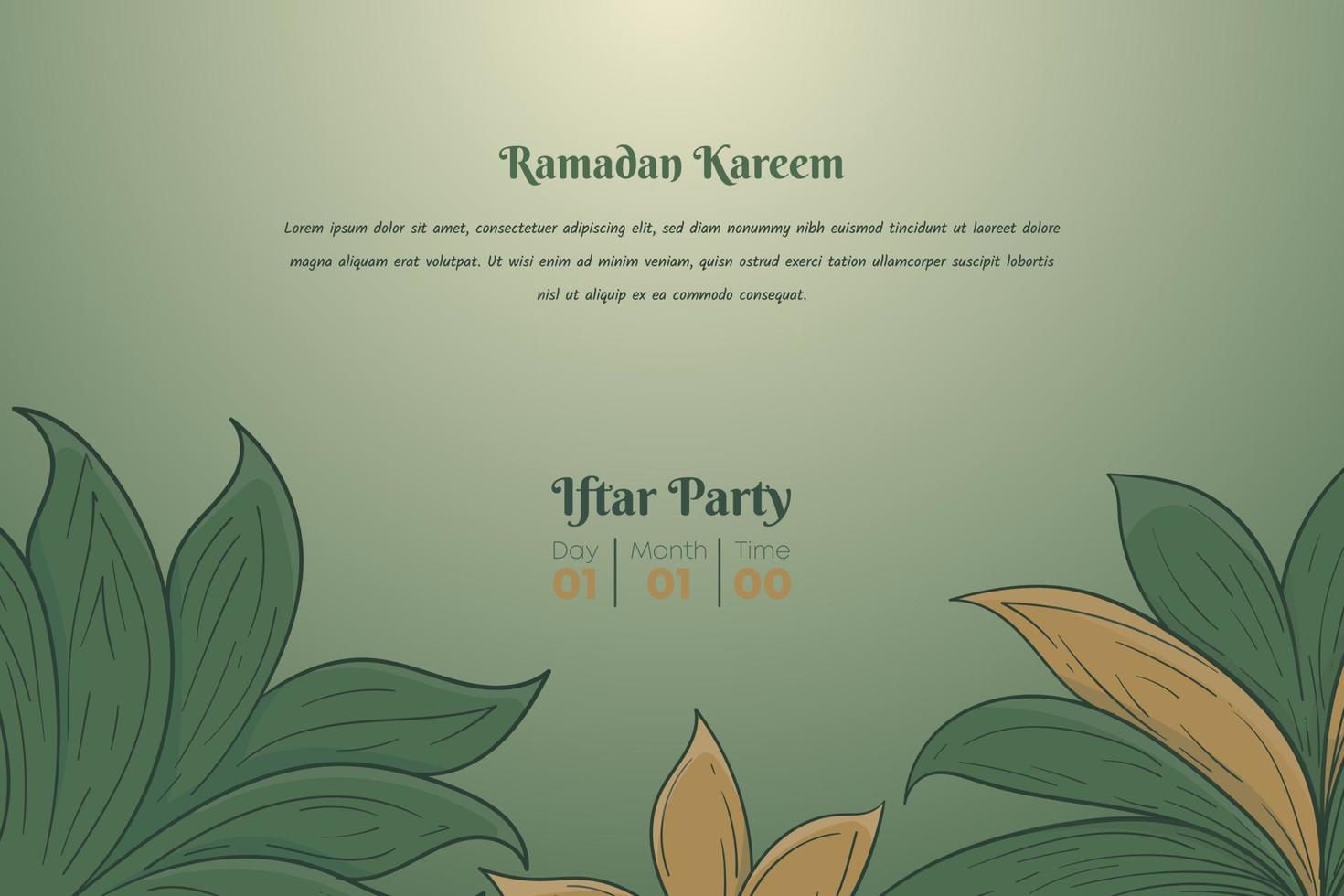 Ramadan kareem sjabloon met hand- getrokken van groen en bruin bladeren ontwerp vector