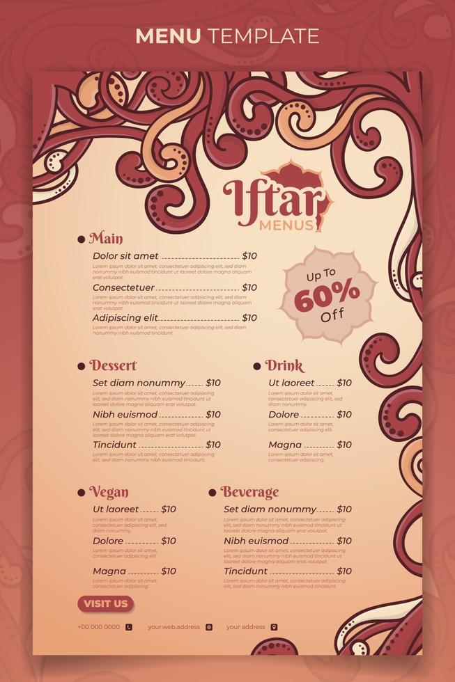 iftar menu sjabloon in Ramadan kareem ontwerp met hand- getrokken sier- ontwerp vector
