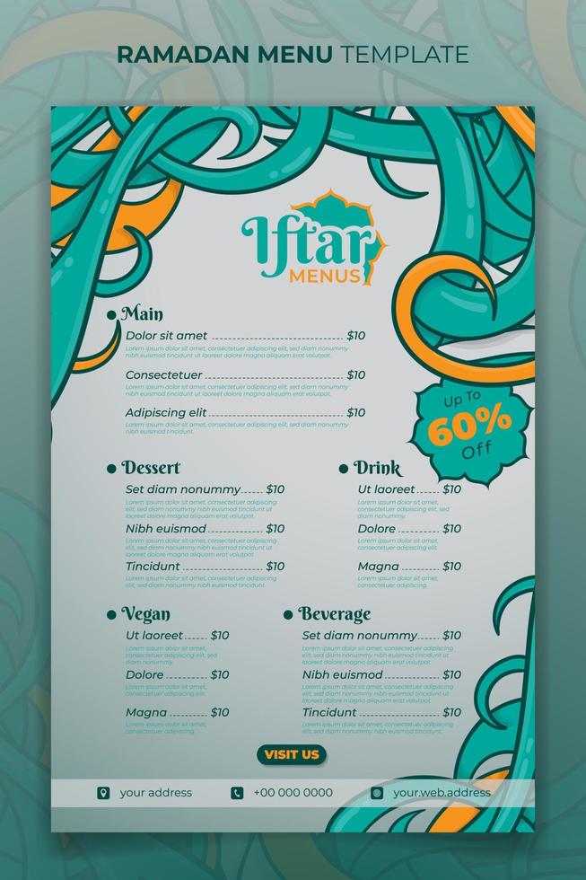 Ramadan iftar menu sjabloon ontwerp met hand- getrokken sier- ontwerp vector