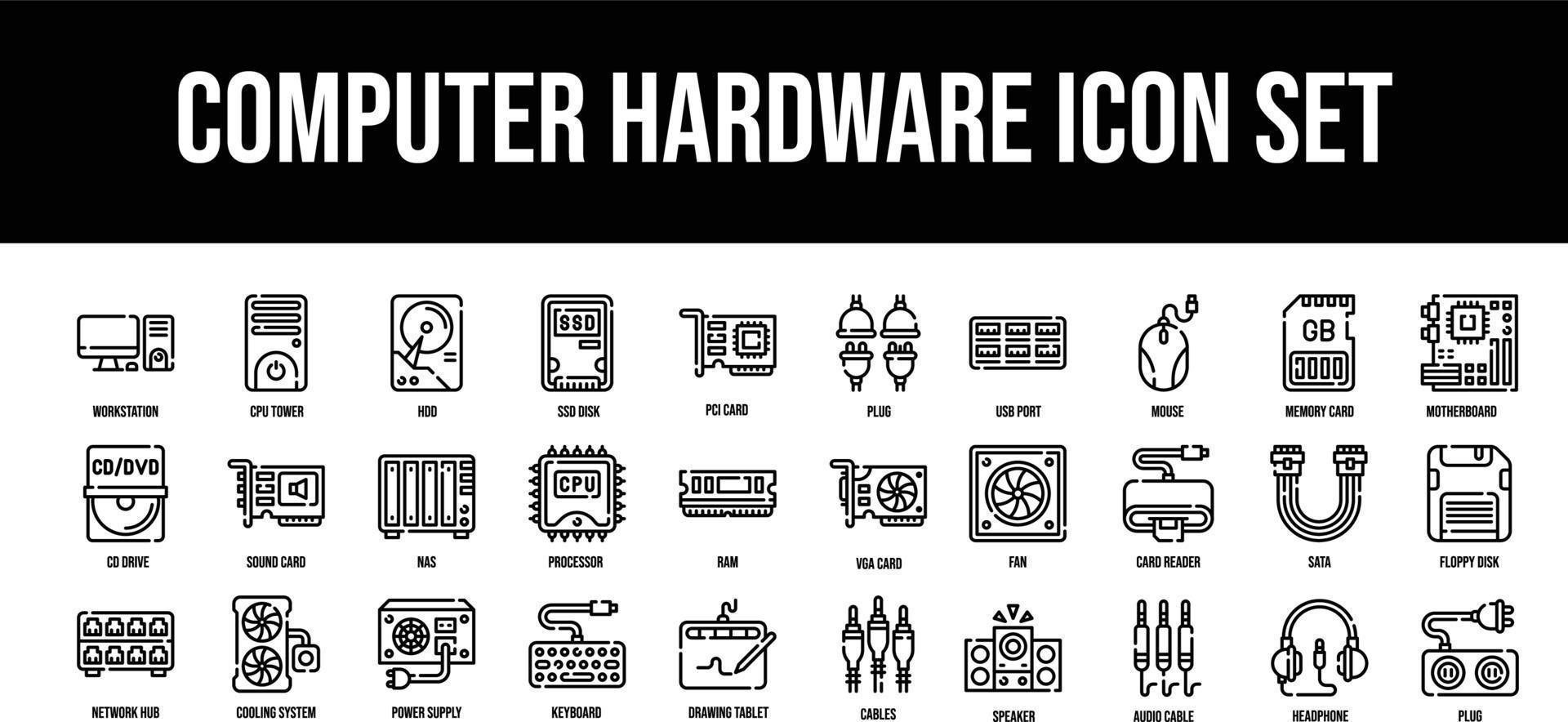 dun lijn pictogrammen perfect pixel computer hardware icoon reeks vector