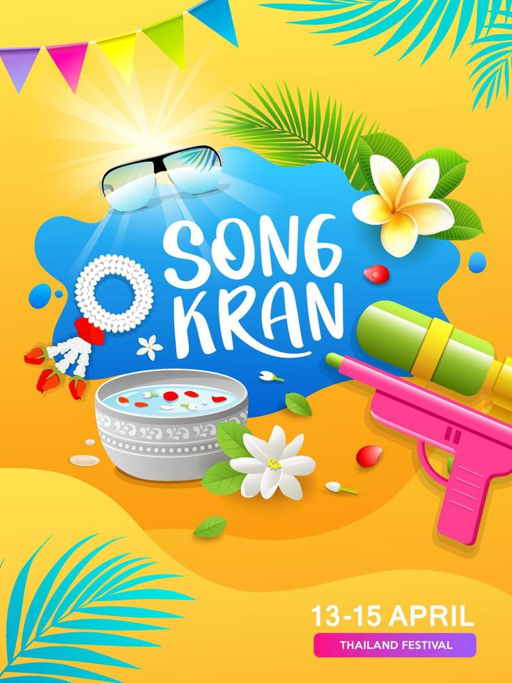 songkran Thailand festival, geweer water en Thais bloem, poster ontwerp Aan abstract geel achtergrond, eps 10 vector illustratie