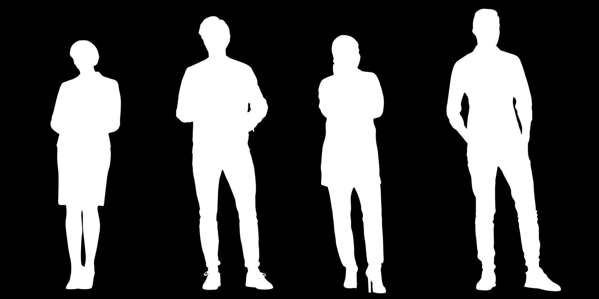 reeks van silhouetten van mannen en een Dames, een groep van staand mensen wit kleur geïsoleerd Aan zwart achtergrond vector