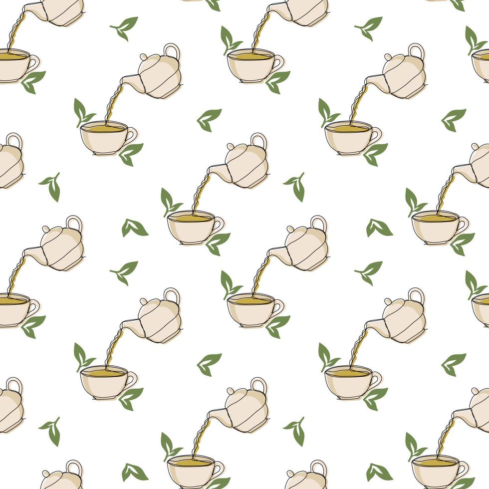 naadloos patroon met kop van groen thee, thee pot en thee bladeren Aan wit achtergrond vector
