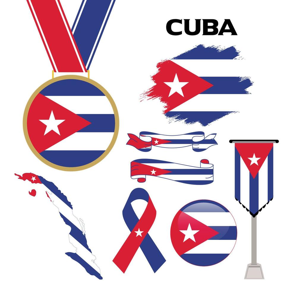 elementen verzameling met de vlag van Cuba ontwerp sjabloon. Cuba vlag, linten, medaille, kaart, grunge structuur en knop vector