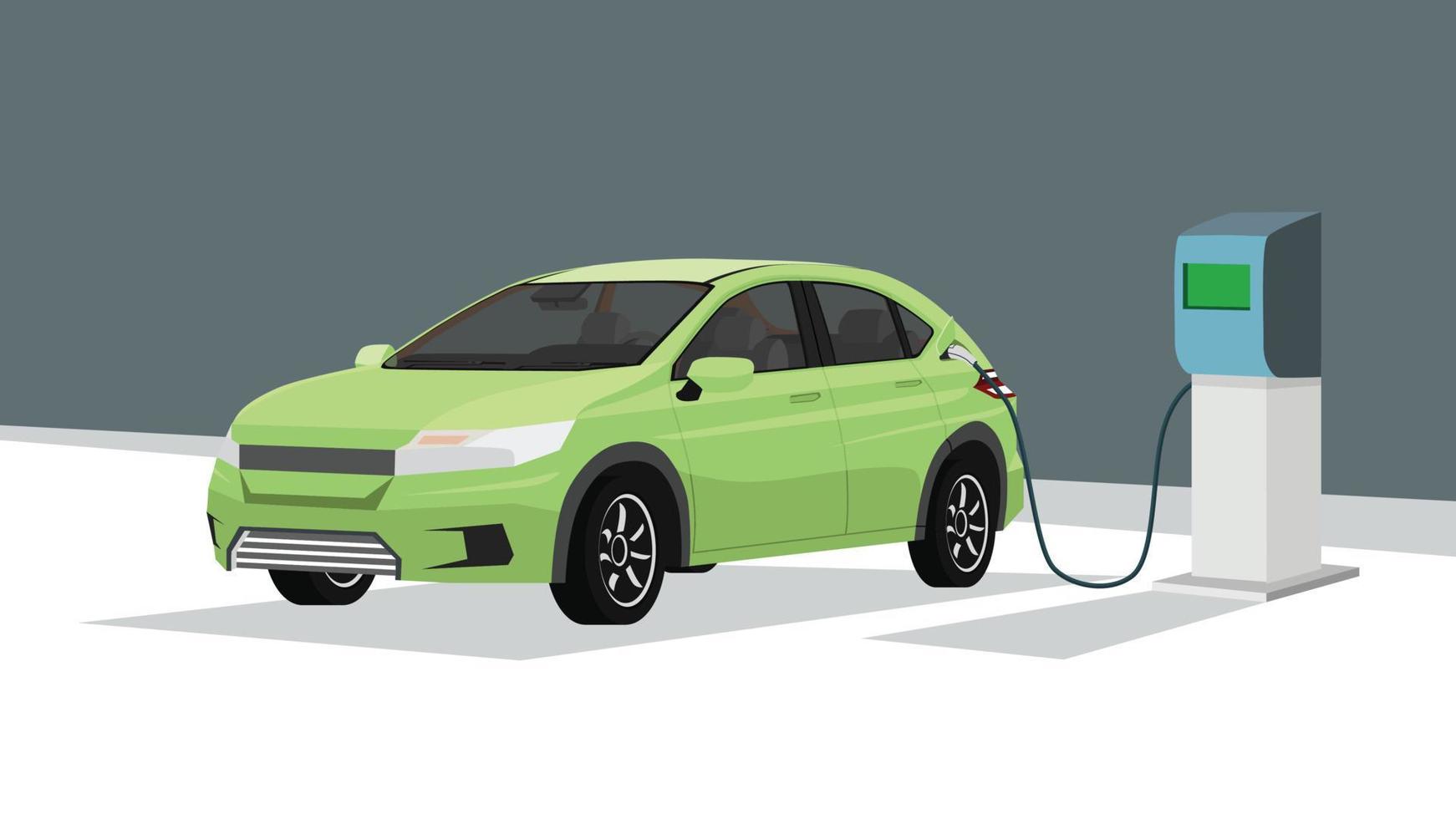 elektrisch auto groen kleur opladen Bij de station. visie van auto's van de voorkant. energie tanken punt Aan de achterzijde kant. energie navullingen zijn ook beschikbaar Bij de onderhoud punt. vector
