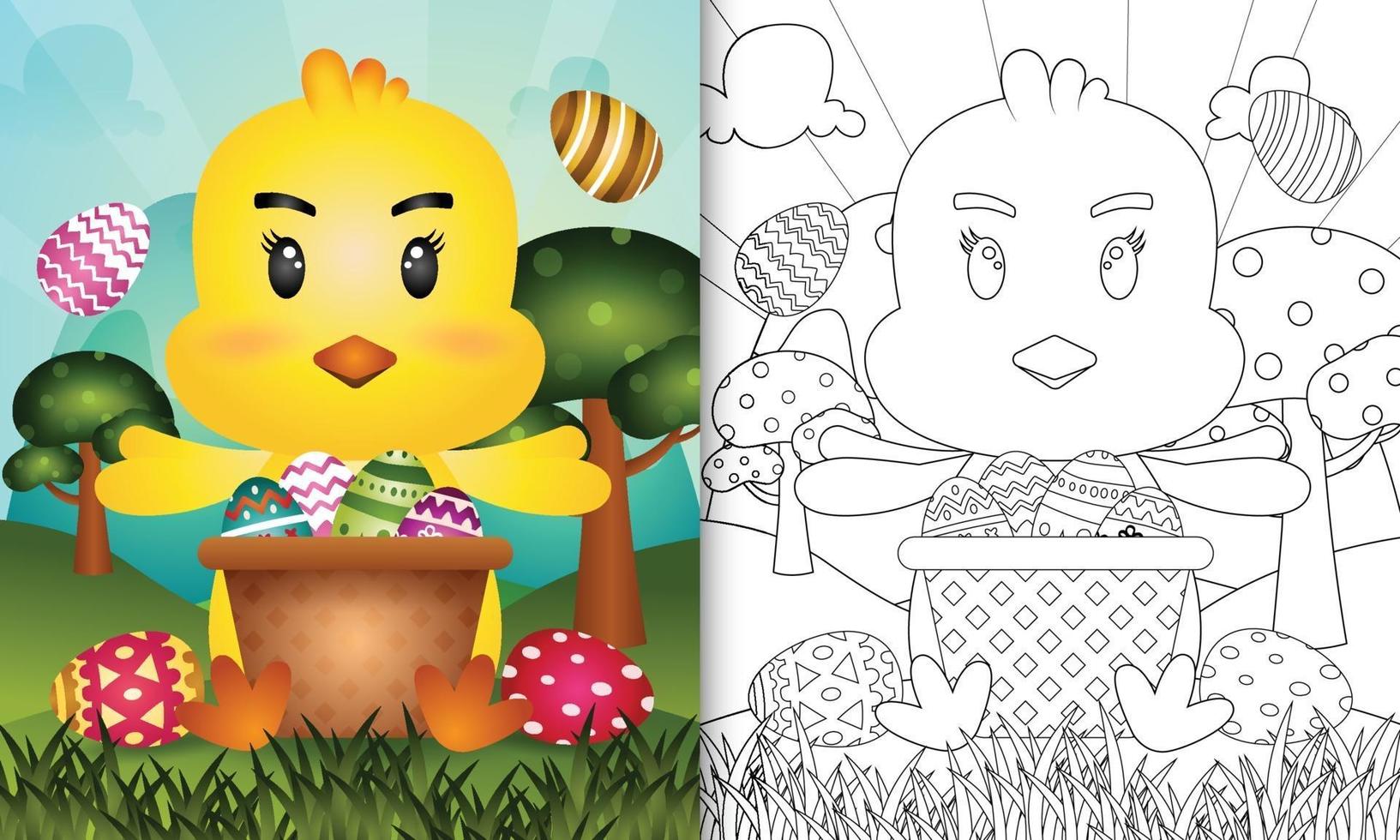 kleurboek voor kinderen als thema gelukkige paasdag met karakterillustratie van een schattig kuiken in het emmer-ei vector