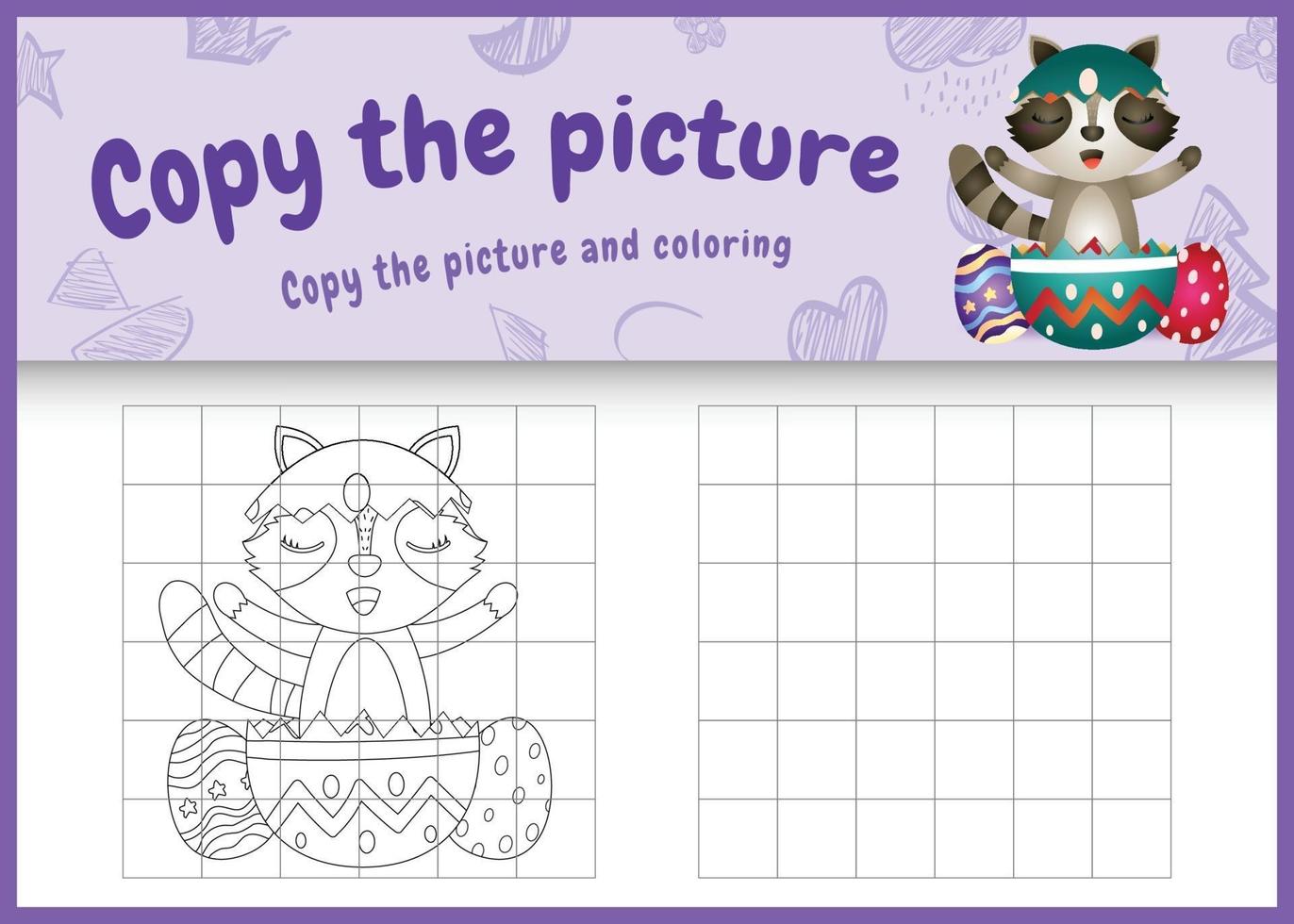 kopieer de afbeelding van het kinderspel en de kleurplaat met Pasen als thema met een schattige wasbeer in het ei vector