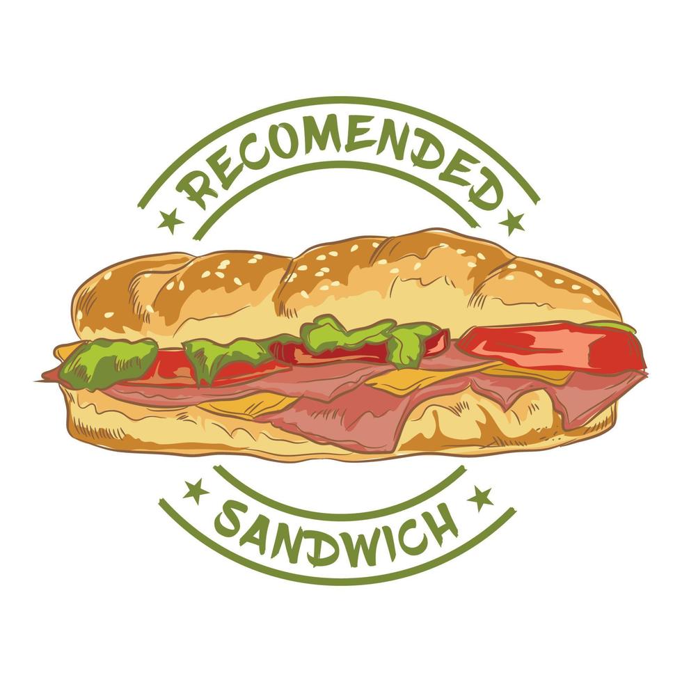 belegd broodje vector illustratie in hand- getrokken stijl, perfect voor muur decor cafe restaurant en logo ontwerp