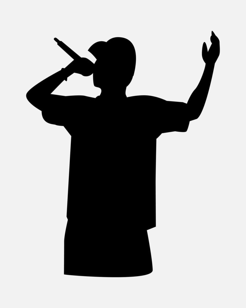 silhouet van zanger rapper vervelend hoed. voor de helft lichaam. concert concept, muziek, kunst, heup hop, zanger. vector illustratie.
