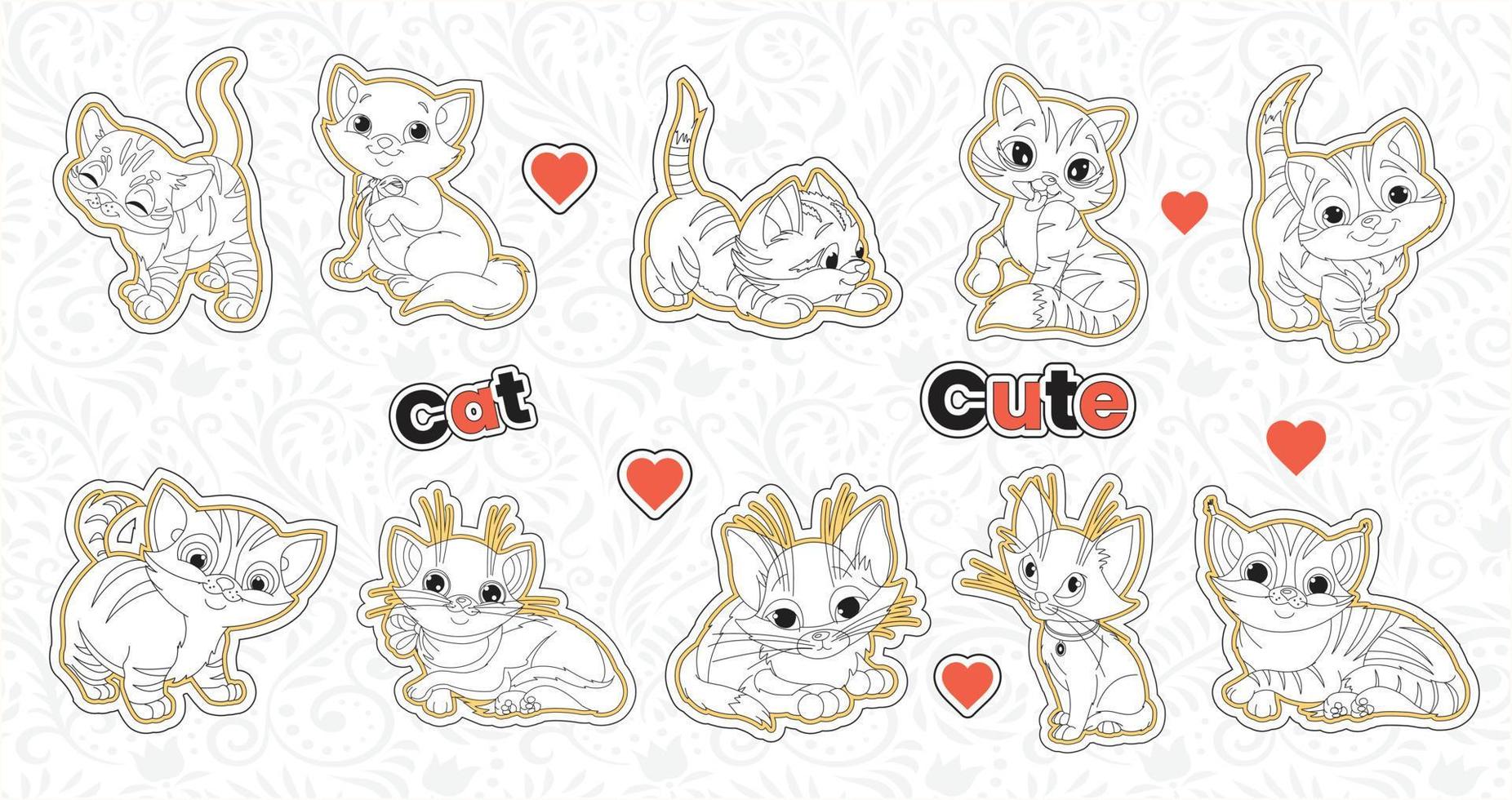 reeks van schattig Valentijn kat stickers verzameling afdrukbare dier sticker bundel met hand- getrokken tekenfilm karakter stijl kat emoties vector ontwerp grappig kinderspel huisdieren illustraties voor kinderen