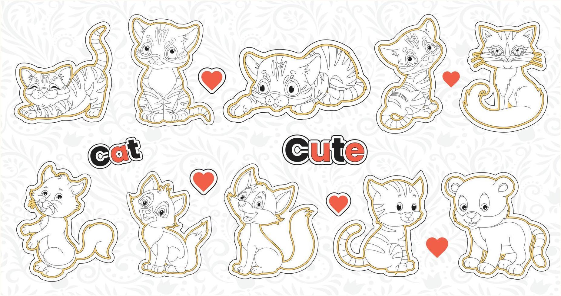 reeks van schattig Valentijn kat stickers verzameling afdrukbare dier sticker bundel met hand- getrokken tekenfilm karakter stijl kat emoties vector ontwerp grappig kinderspel huisdieren illustraties voor kinderen