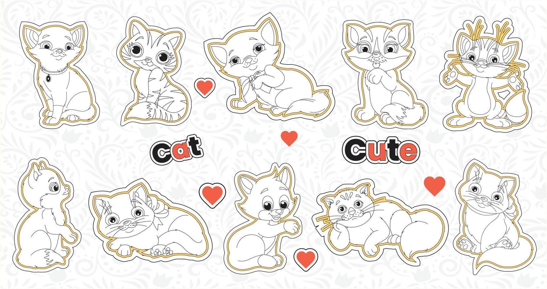 reeks van schattig Valentijn kat stickers verzameling afdrukbare dier sticker bundel met hand- getrokken tekenfilm karakter stijl kat emoties vector ontwerp grappig kinderspel huisdieren illustraties voor kinderen