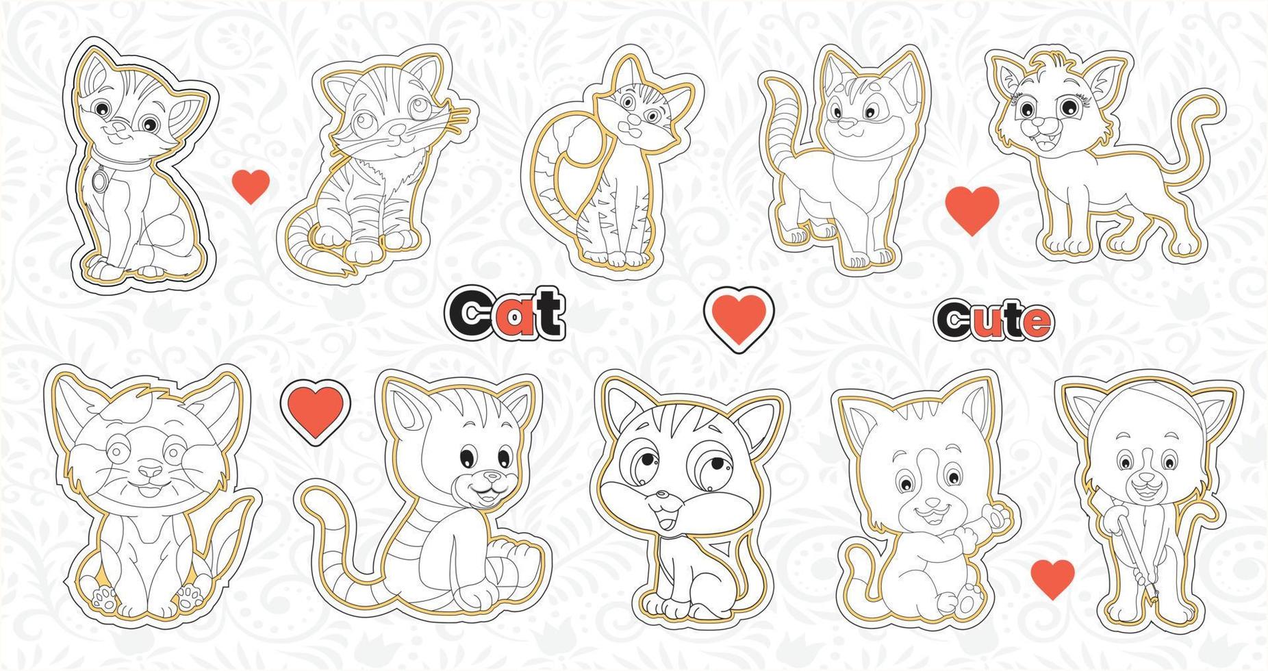 reeks van schattig Valentijn kat stickers verzameling afdrukbare dier sticker bundel met hand- getrokken tekenfilm karakter stijl kat emoties vector ontwerp grappig kinderspel huisdieren illustraties voor kinderen