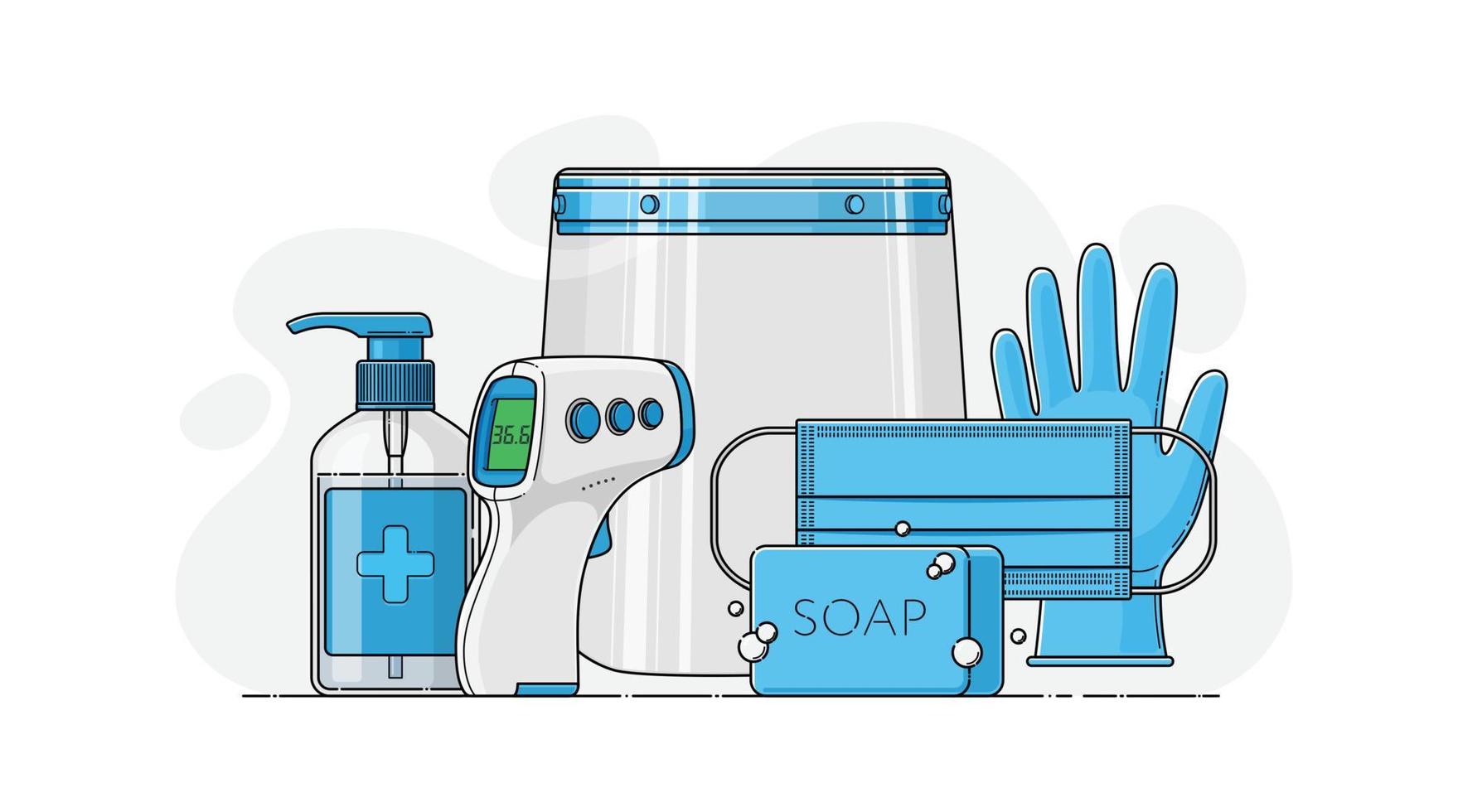 vector reeks van persoonlijk beschermend uitrusting in vlak stijl. ademhalings masker, gezicht schild, ontsmettingsmiddel hand- ontsmettingsmiddel antibacteriële gel, medisch contactloos infrarood thermometer, chirurgisch handschoenen, zeep