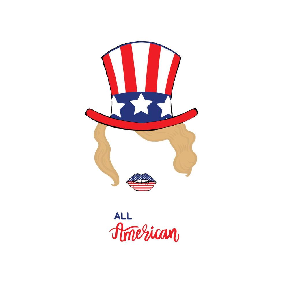 vector illustratie afdrukken voor t-shirt vrouwen 4e van juli onafhankelijkheid dag in Amerika. meisje met blond haar- en een hoed met een Amerikaans vlag