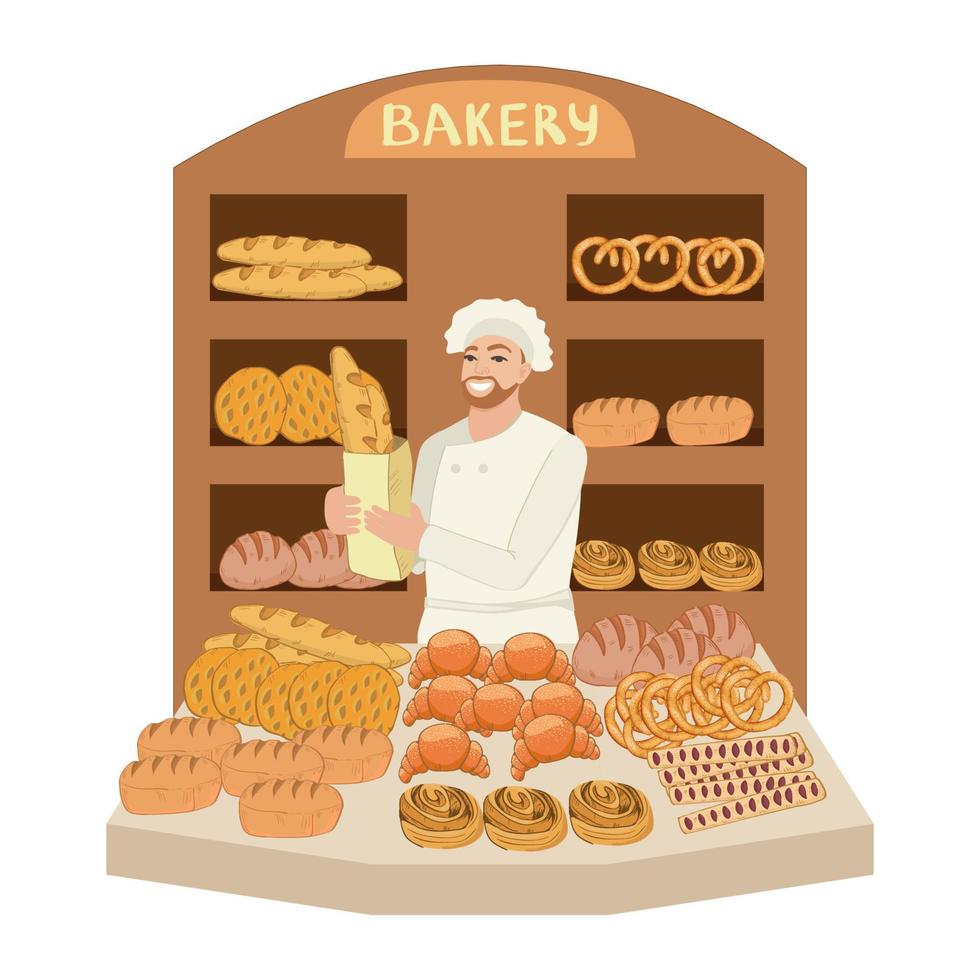 bakker in een bakkerij is Holding een papier zak met stokbrood. veel van gebakjes, brood, croissants, pretzels, broodjes en broden. voor de plaats of banier, de decoratie van de bakkerij bedrijf vector