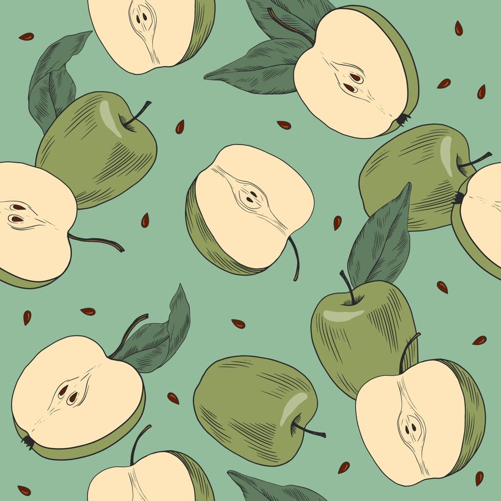 naadloos wijnoogst patroon met groen appels Aan munt achtergrond vector