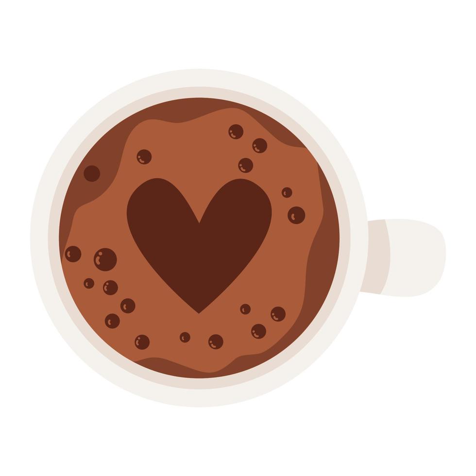 kop van koffie met schuim en hart. top visie. vector illustratie. hand- getrokken stijl.