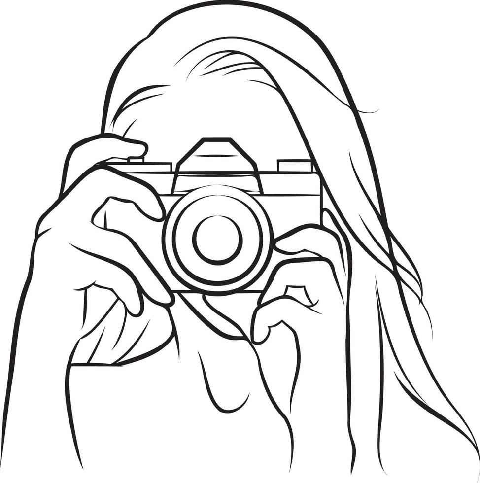 vrouw Holding camera lijn tekening. vector