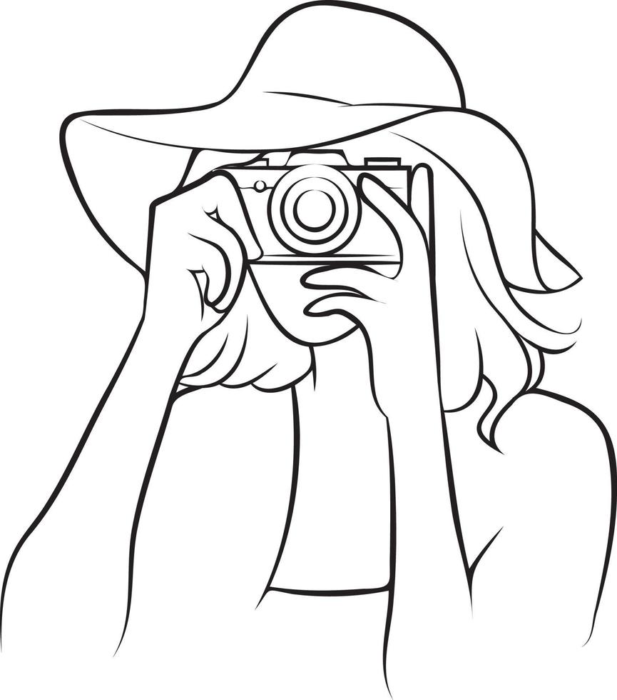 vrouw Holding camera lijn tekening. vector