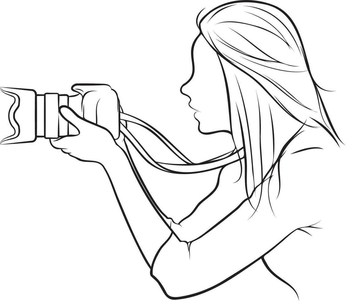 vrouw Holding camera lijn tekening. vector