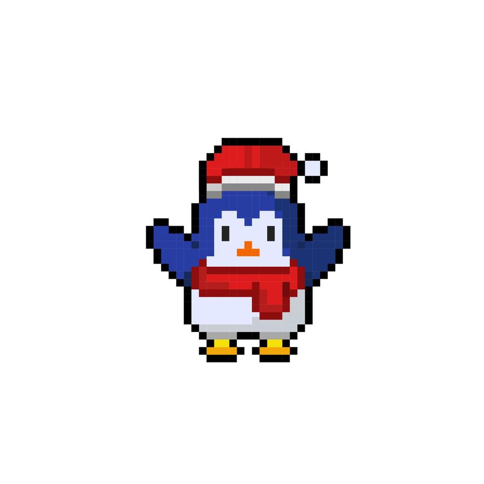 pinguïn vervelend de kerstman hoed in pixel kunst stijl vector