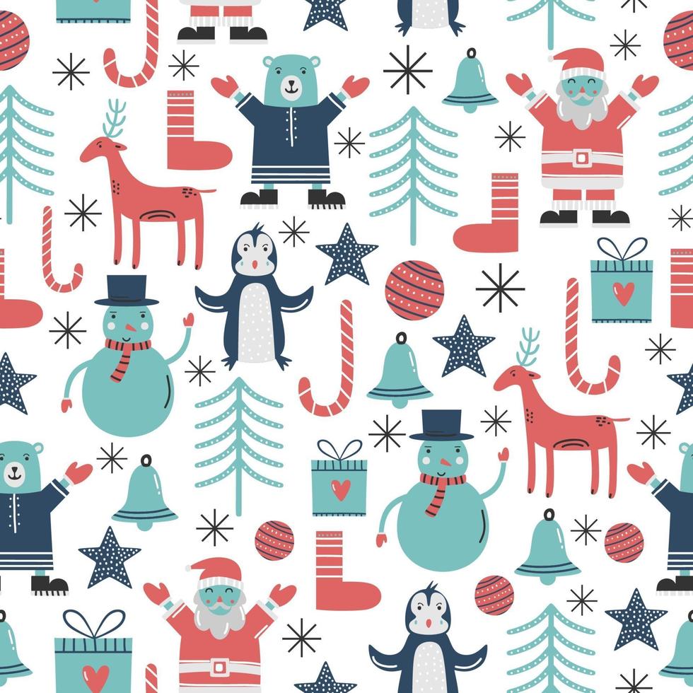 naadloze patroon met pinguïn, sneeuwman, herten, kerstman en kerst ornament vector
