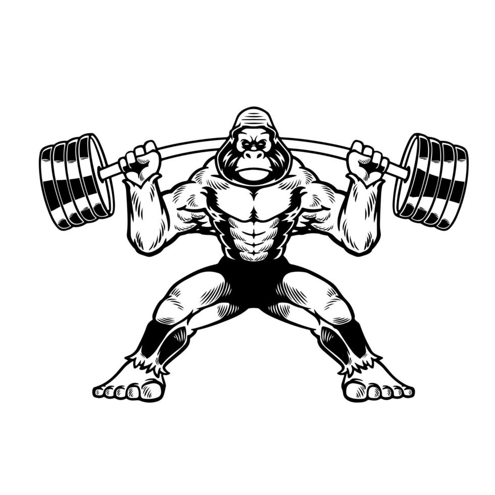 hand getekend coole gorilla met fitness barbell in stripfiguur. wilde aap geïsoleerd op een witte achtergrond. blijf kalm. vectorillustratie voor t-shirtontwerp, kleding en ander gebruik vector