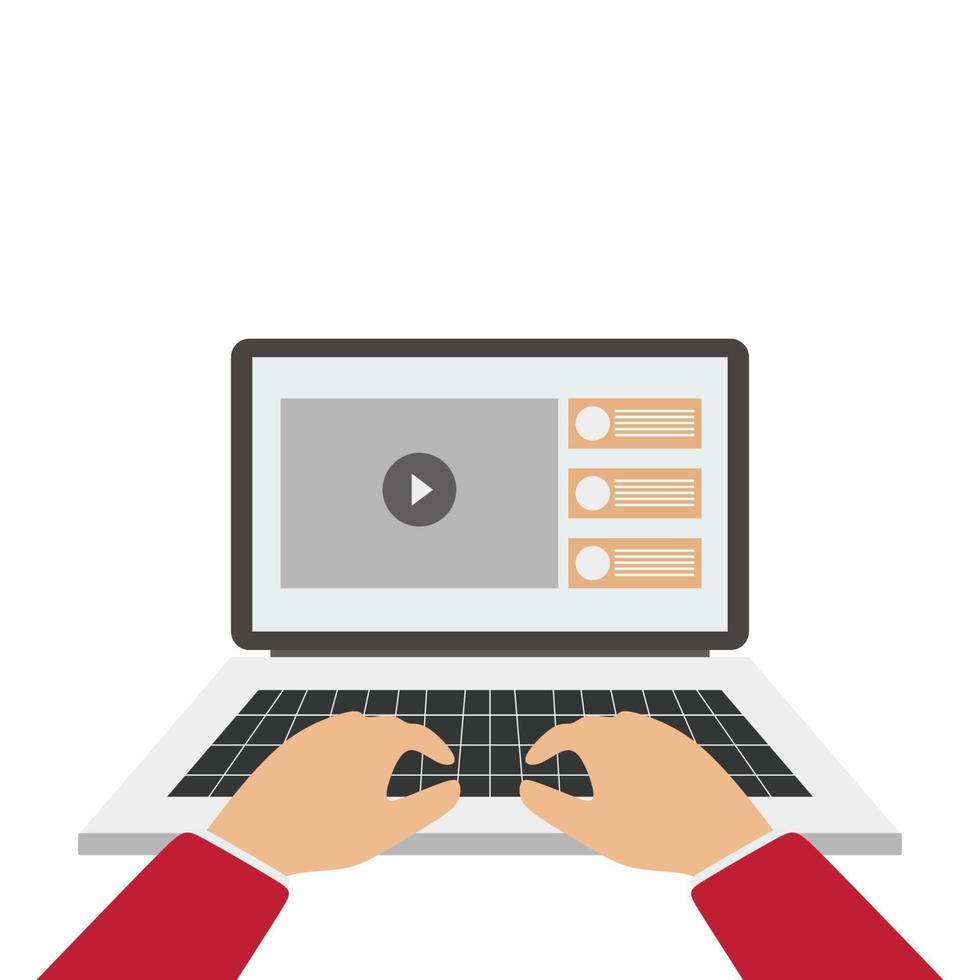 laptop en handen op het toetsenbord. het concept van youtuber- of programmeurworkflow voor websitecodering en html-programmering van webtoepassingen. platte cartoon design stijl moderne vector illustratie