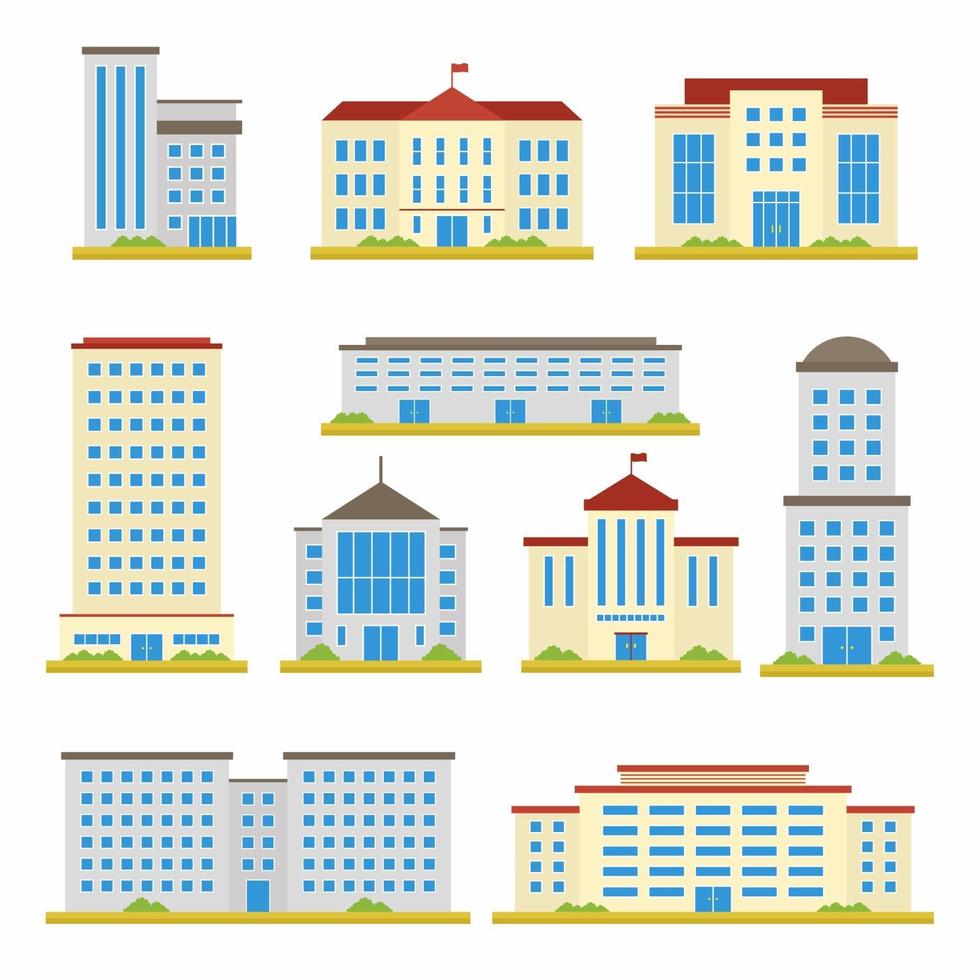 set van stad bouwen vector platte ontwerp iconen. school, bank, overheidskantoren, winkel, eigentijds kantoorcentrum en stadhuisgebouw dat op witte achtergrond wordt geïsoleerd. cartoon illustratie