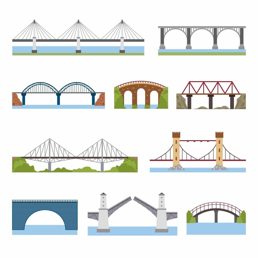 soorten bruggen ingesteld. baksteen, ijzer, houten en stenen bruggen architectuur brugwerk elementen bouwen in vlakke stijl. thema stadsbouw. platte cartoon soorten brug. vector illustratie