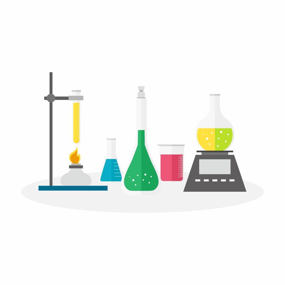 platte ontwerp vector illustratie concept van chemie-experiment. chemische onderzoeksapparatuur op witte achtergrond. laboratorium lab met alambiek flacon zandloper druppelaar, erlenmeyer en reageerbuisje