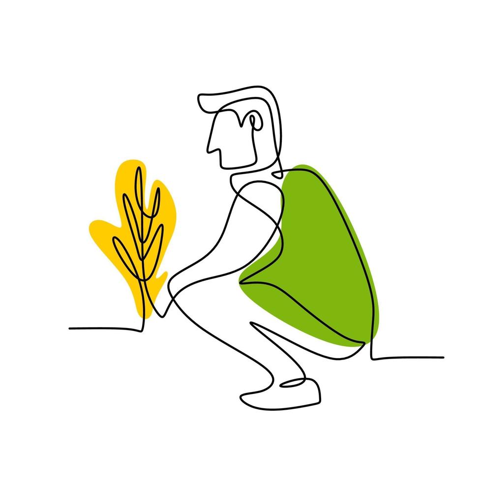 enkele ononderbroken lijntekening jonge man aanplant van een planten thuis tuin. jonge man leert tuinieren om zijn vrije tijd thuis te vullen geïsoleerd op een witte achtergrond. terug naar de natuur concept vector