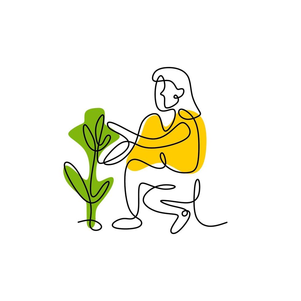 een enkele lijntekening van een jonge moeder die thuis een plant plant. gelukkige vrouw die van tuinieren houdt, zorgt voor haar planten. tuinieren of planten concept. minimalistische stijl. vector illustratie