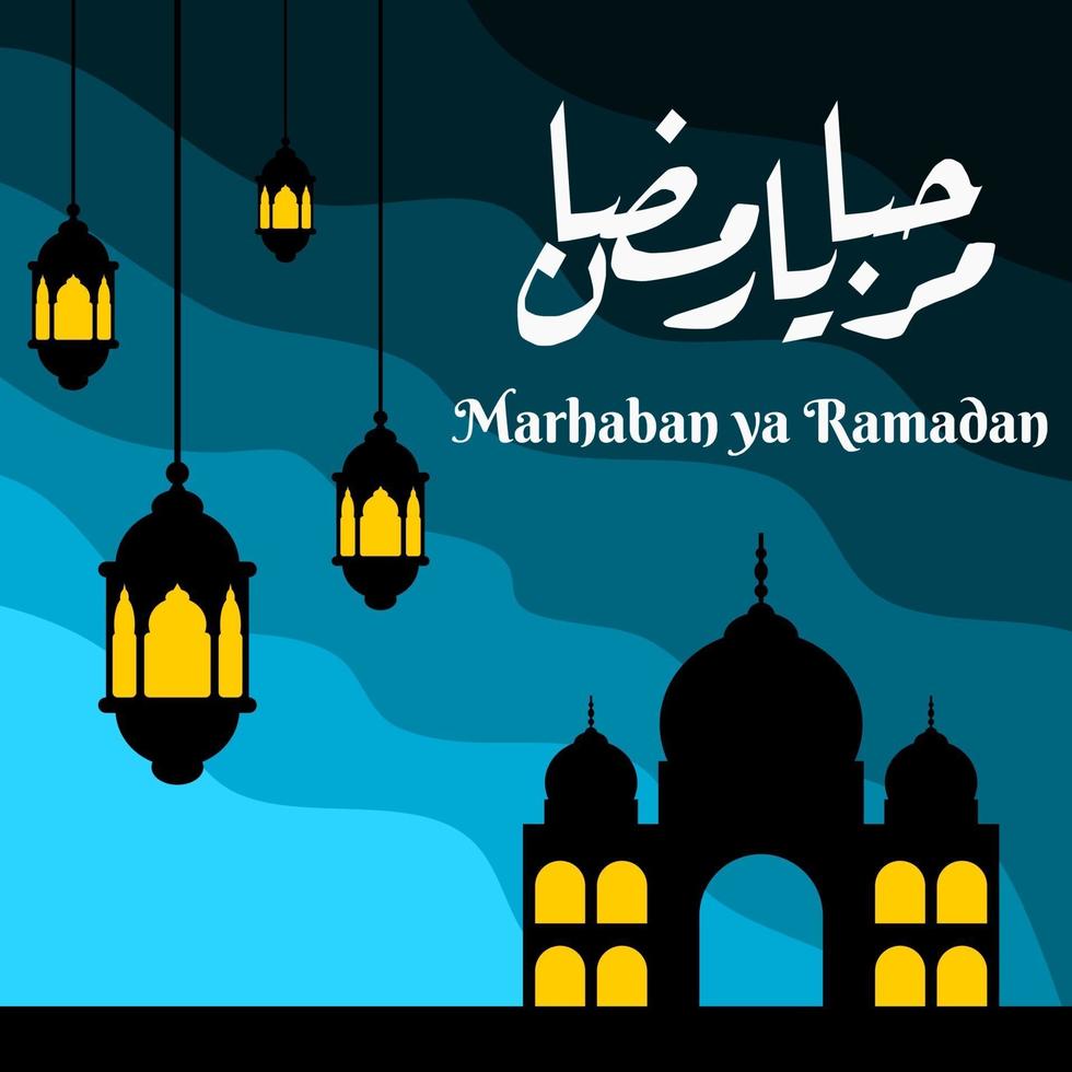 marhaban ya ramadhan banner met kalligrafie, moskee op pastelkleur geschikt voor wenskaarten, flyer, poster, omslag, web, social media post of verhalen vector