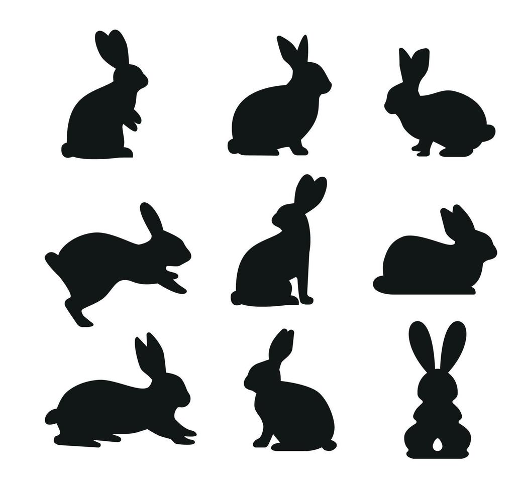 schattig Pasen konijnen silhouet verzameling. zwart konijn, wild haas reeks geïsoleerd Aan wit. baby partij groet kaart, vinyl sticker, huisdier sticker. tatoeëren ontwerp, dier boerderij logo. vector vlak stijl dierentuin icoon